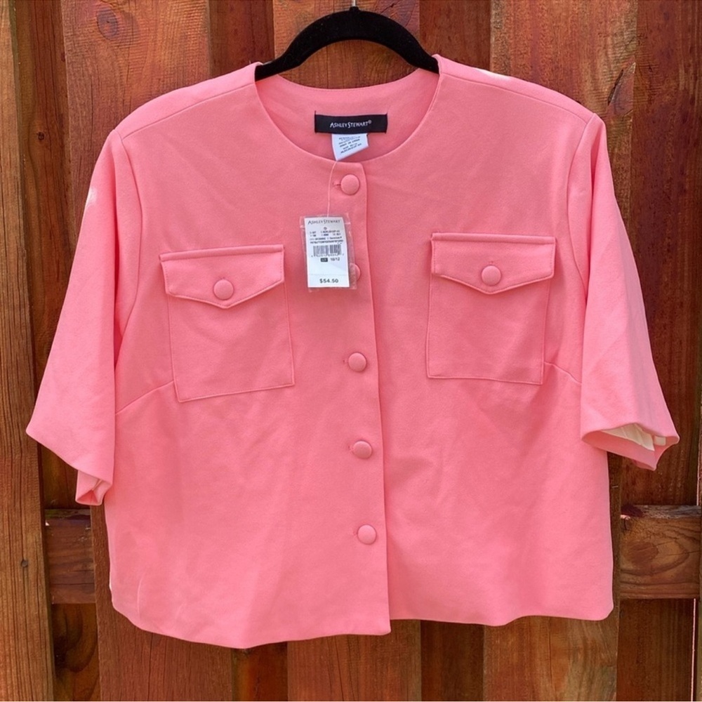 Ashley Stewart Geranium Pink Short Sleeve Cropped Blazer Jacket Size 10/12